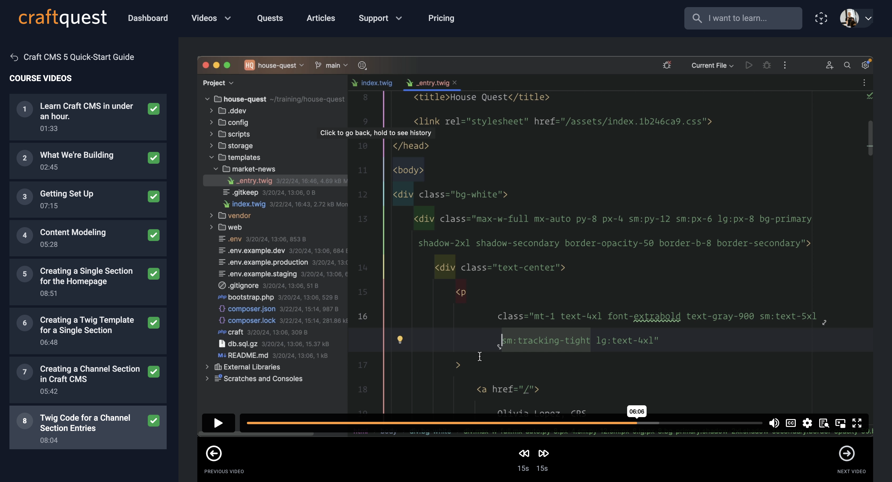 CraftQuest video learning platform showing a course with video player