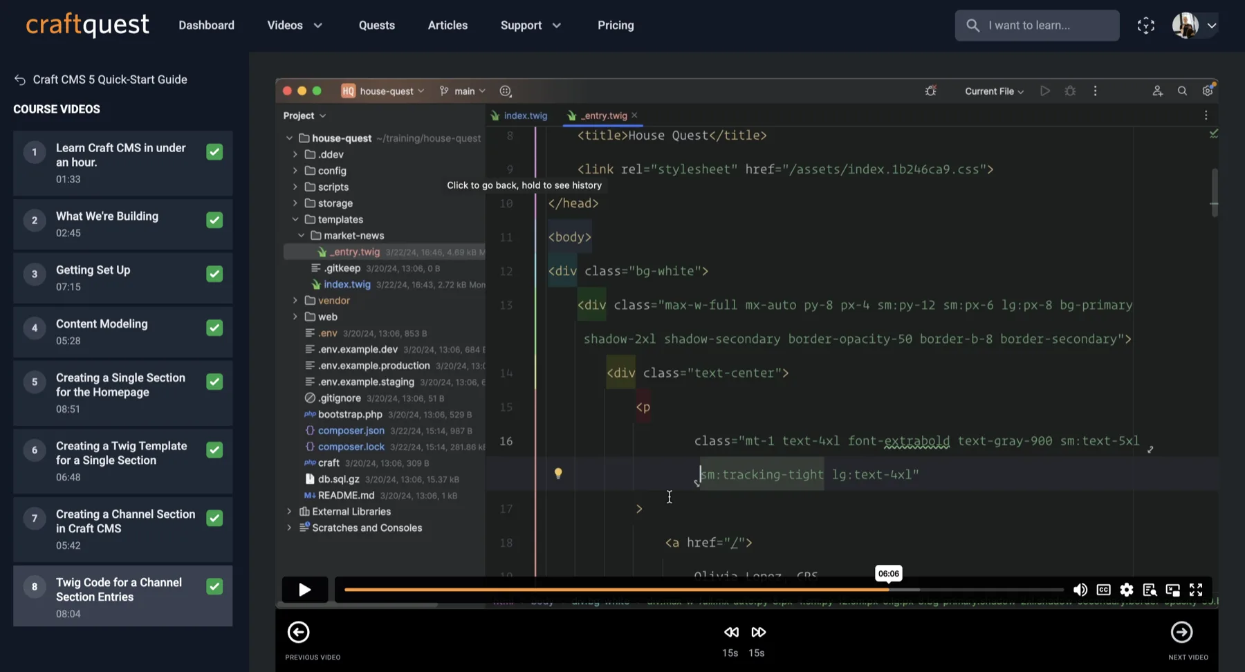 The CraftQuest learning experience: a course video playing alongside the lesson list